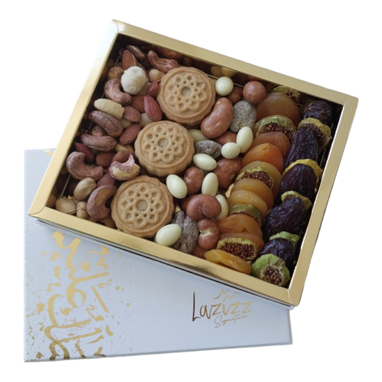 White Signature Box Mix (1 kg) with Maamoul (6 pieces) - Premium Assortment of Dates, Apricots, Figs, Nuts, and Traditional Middle Eastern Pastries